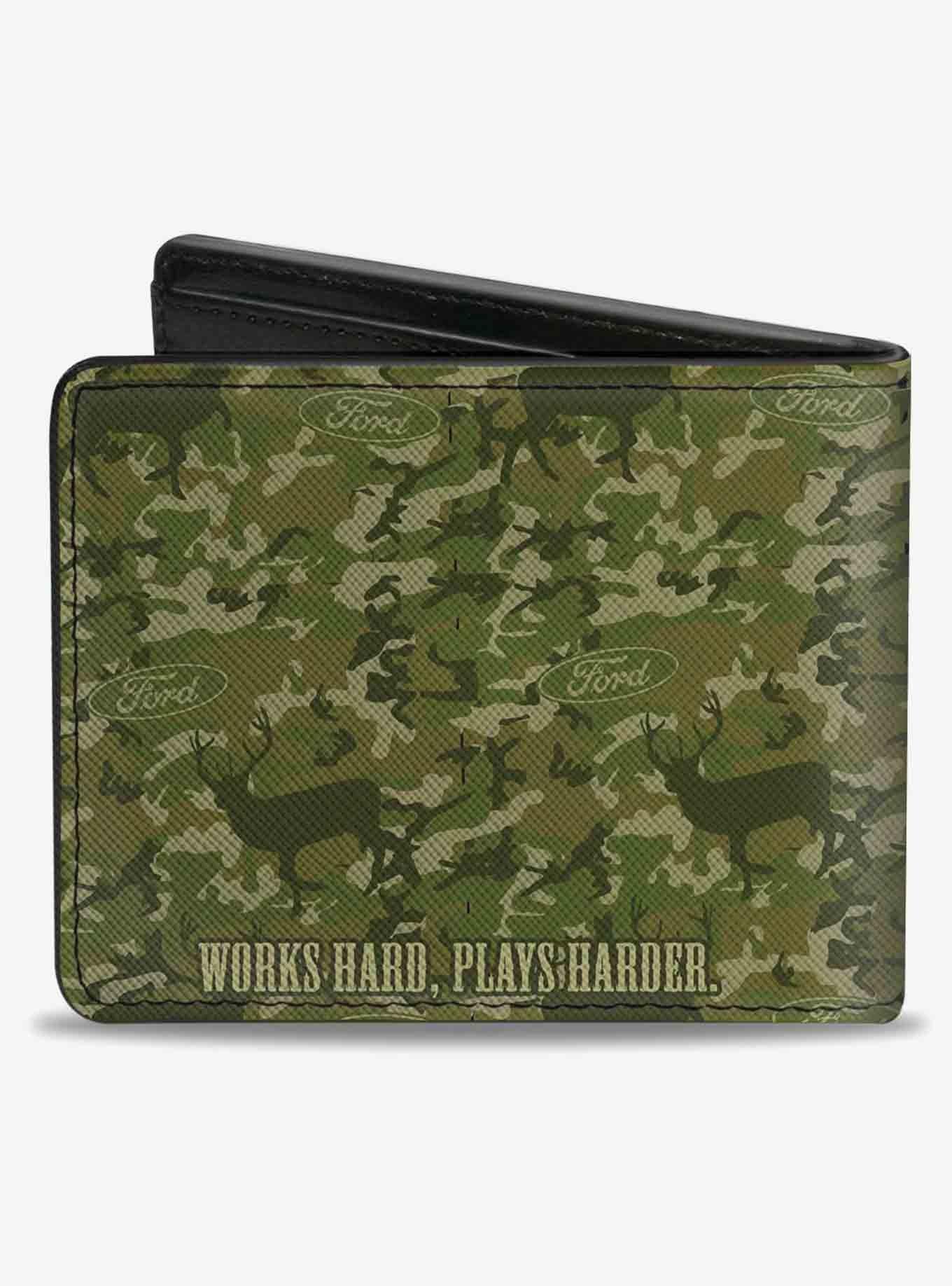 Ford Truck Works Hard Plays Harder Deer Hunter Camo Olive Bifold Wallet, , hi-res