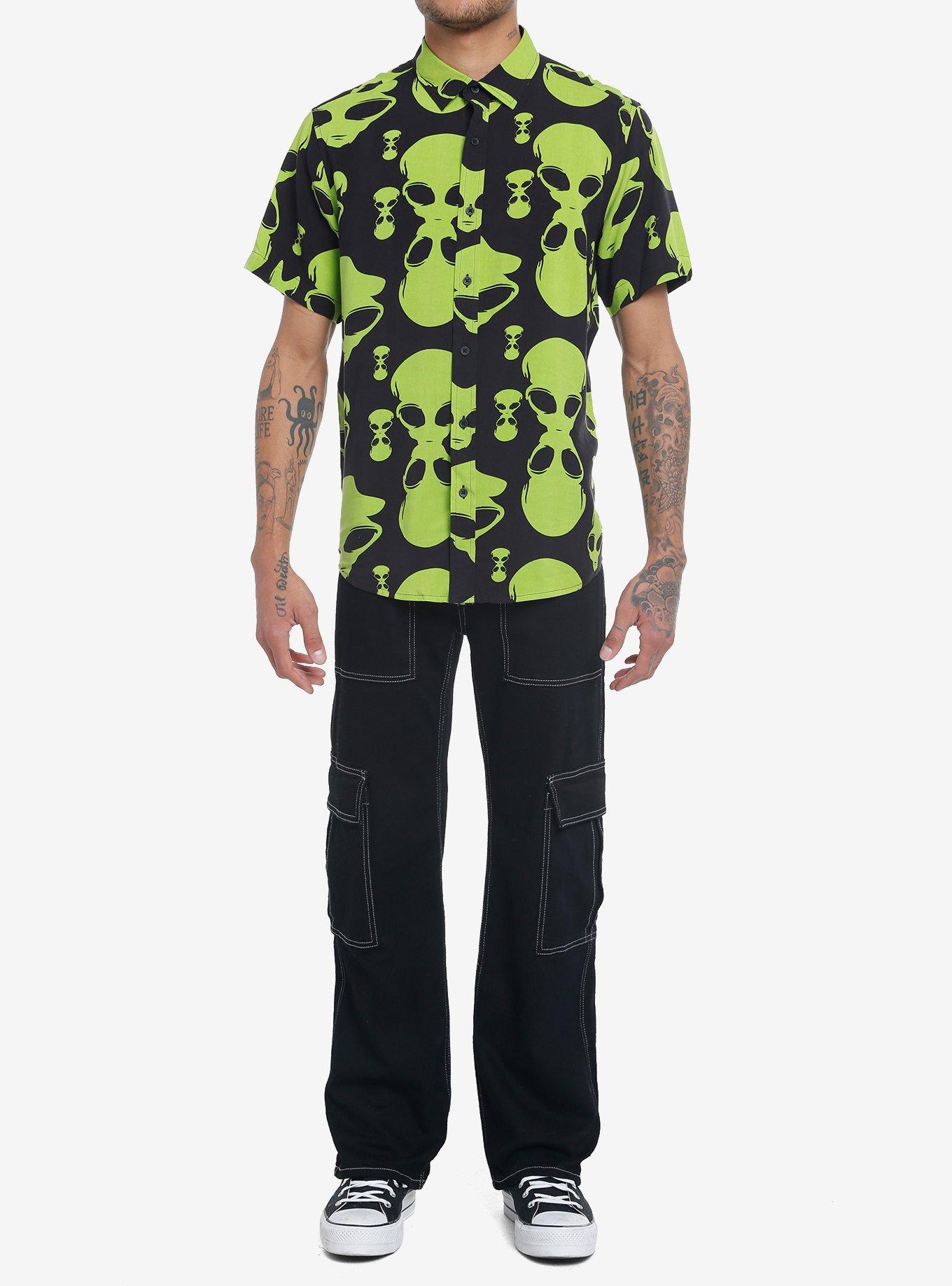 Trippy Green Alien Face Woven Button-Up, BLACK  WHITE, alternate
