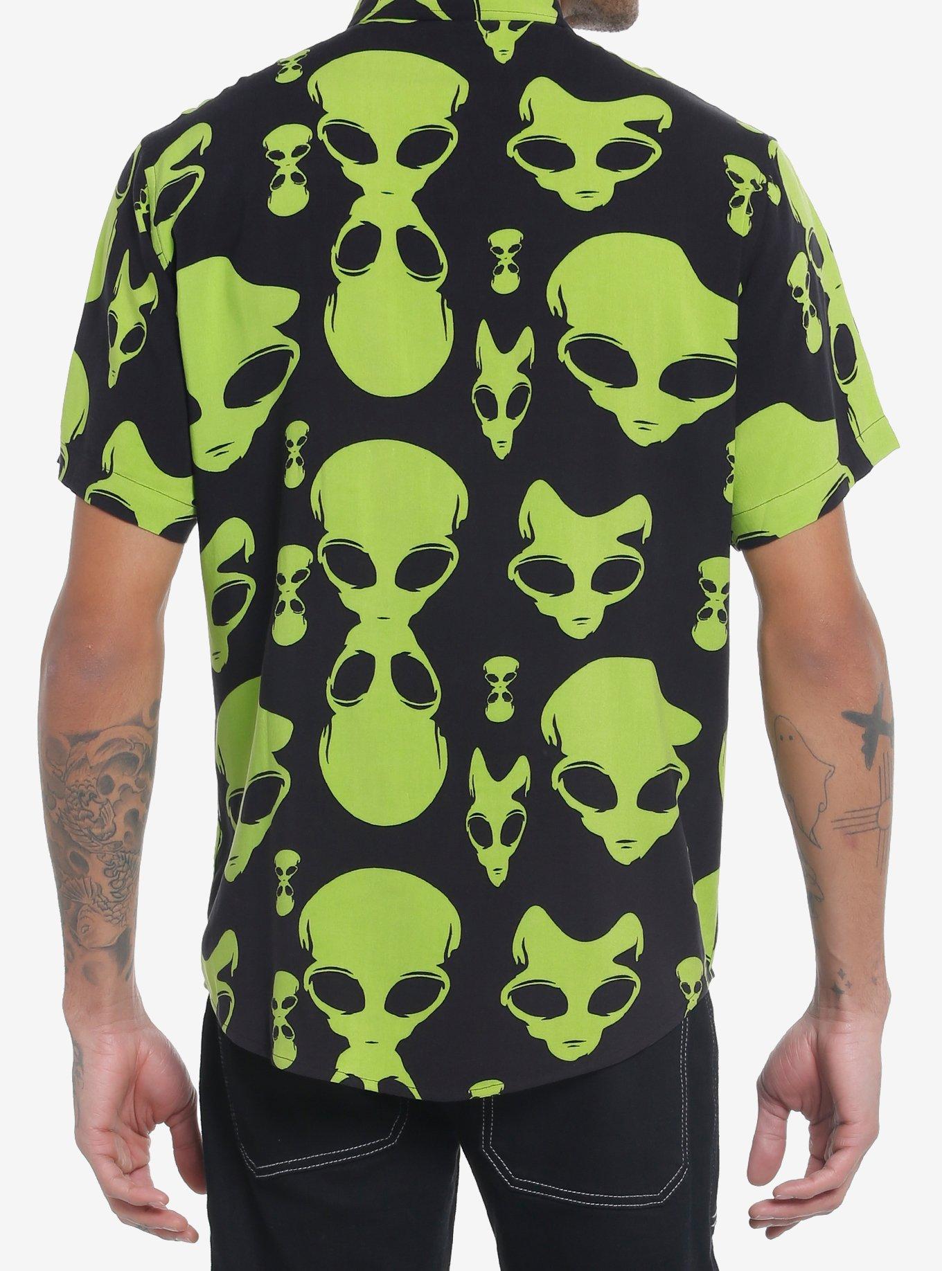 Trippy Green Alien Face Woven Button-Up, BLACK  WHITE, alternate