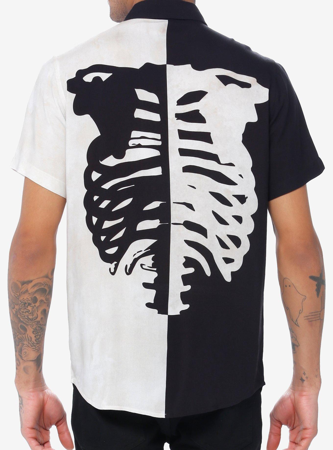 Black & White Split Skeleton Woven Button-Up, BROWN, alternate