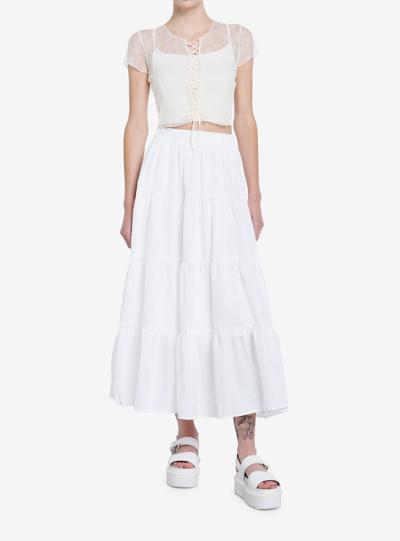 Thorn & Fable Ivory Lace-Up Girls Lace Crop Top, IVORY, alternate