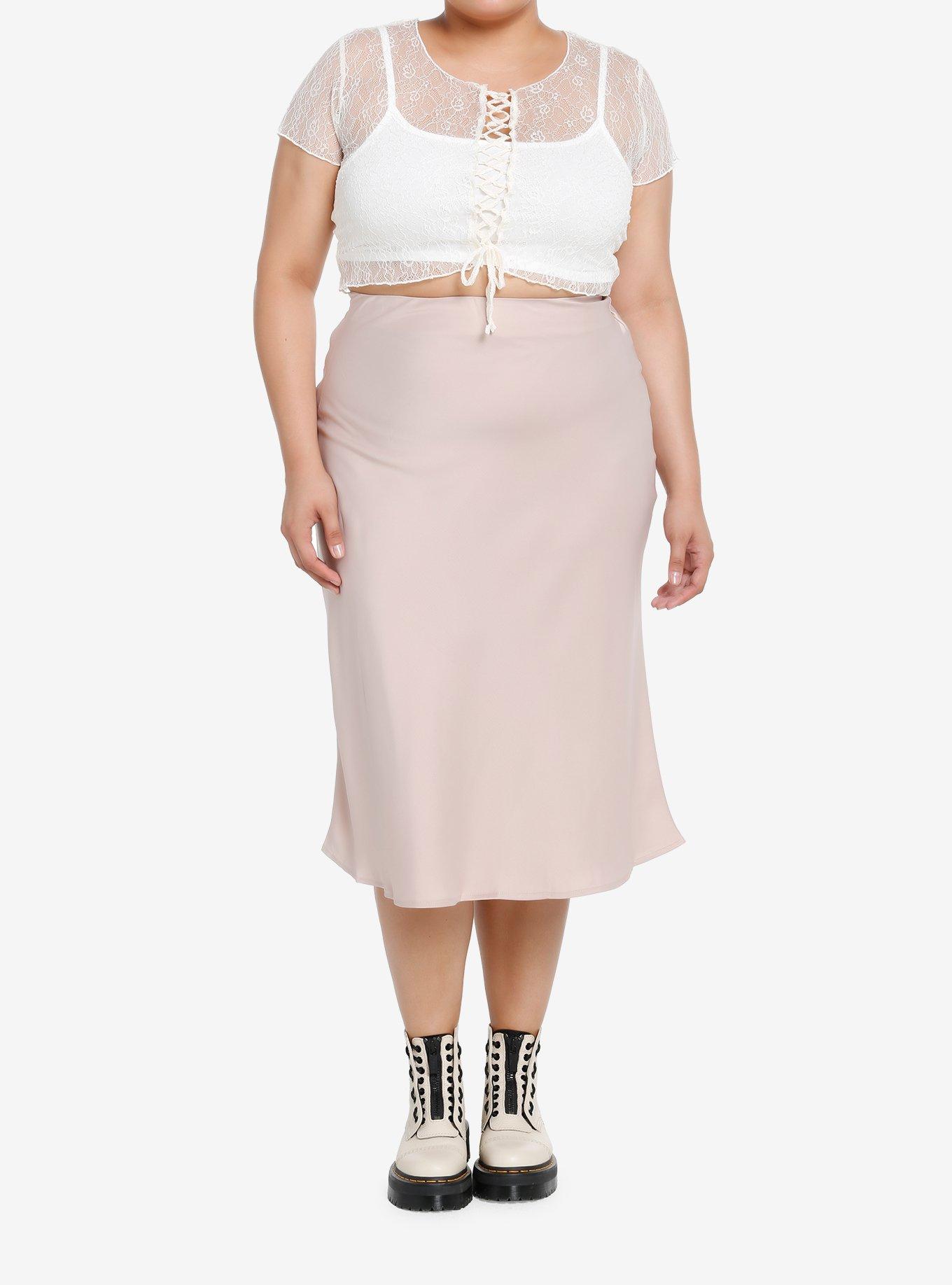 Thorn & Fable Ivory Lace-Up Girls Lace Crop Top Plus Size, , hi-res