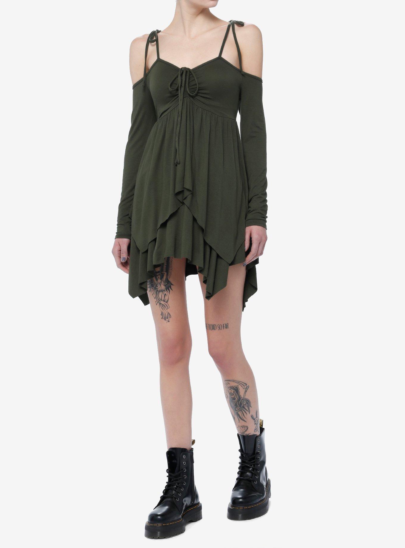 Thorn & Fable Green Hanky Hem Girls Cold Shoulder Dress, , hi-res