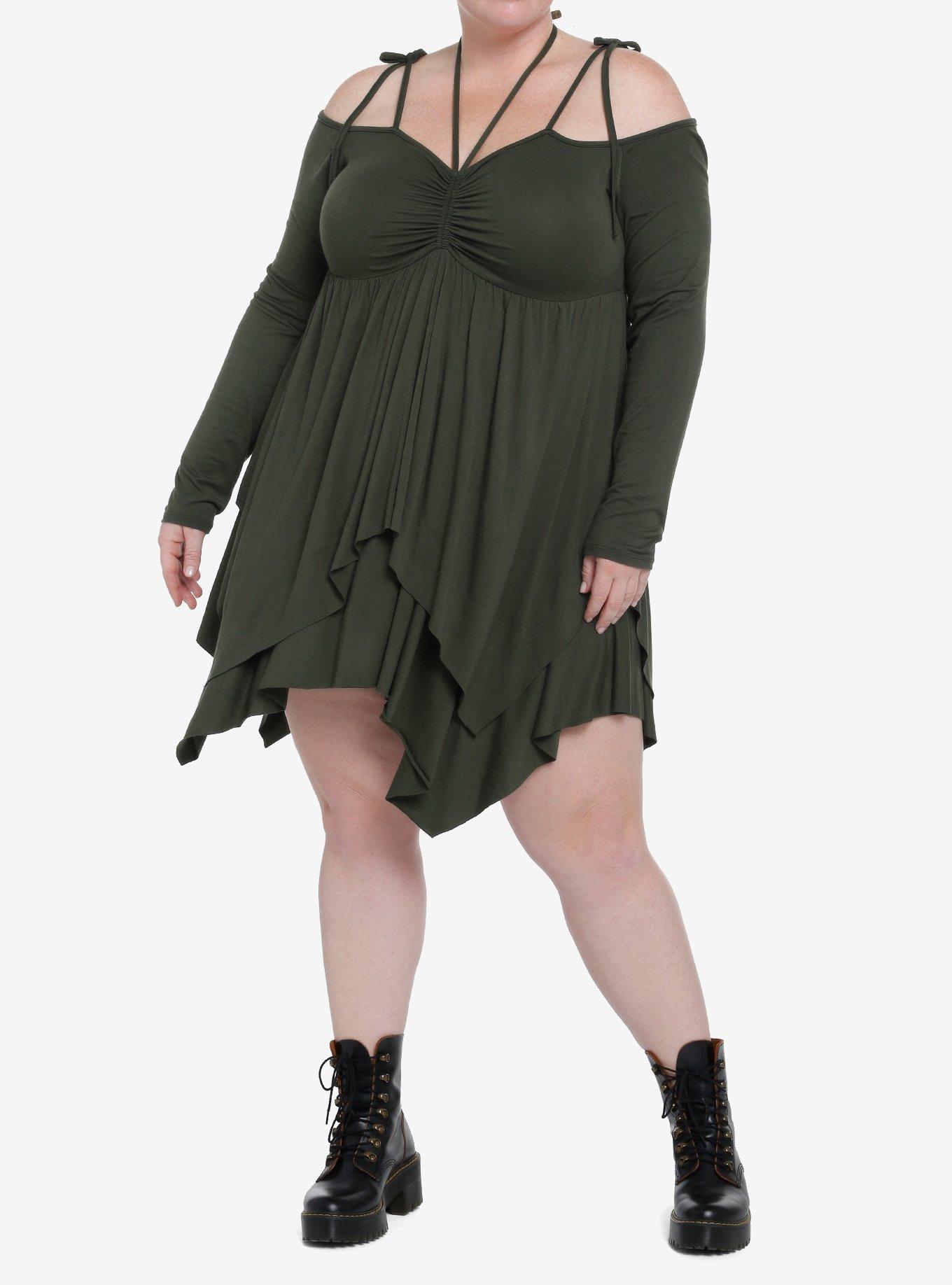 Thorn & Fable Green Hanky Hem Girls Cold Shoulder Dress Plus Size, , hi-res