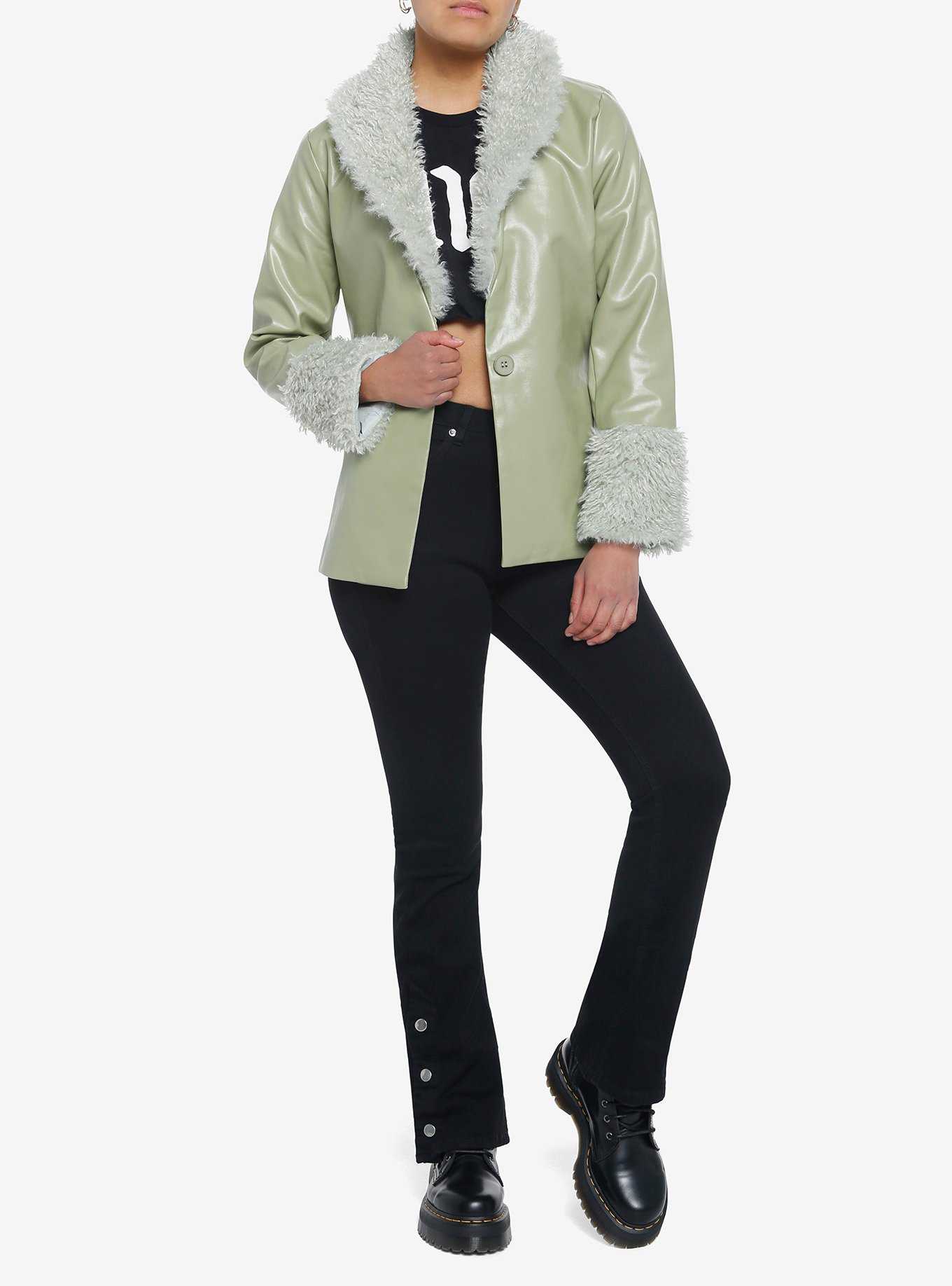 Green Fuzzy Trim Girls Faux Leather Jacket, , hi-res