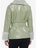 Green Fuzzy Trim Girls Faux Leather Jacket, GREEN, alternate