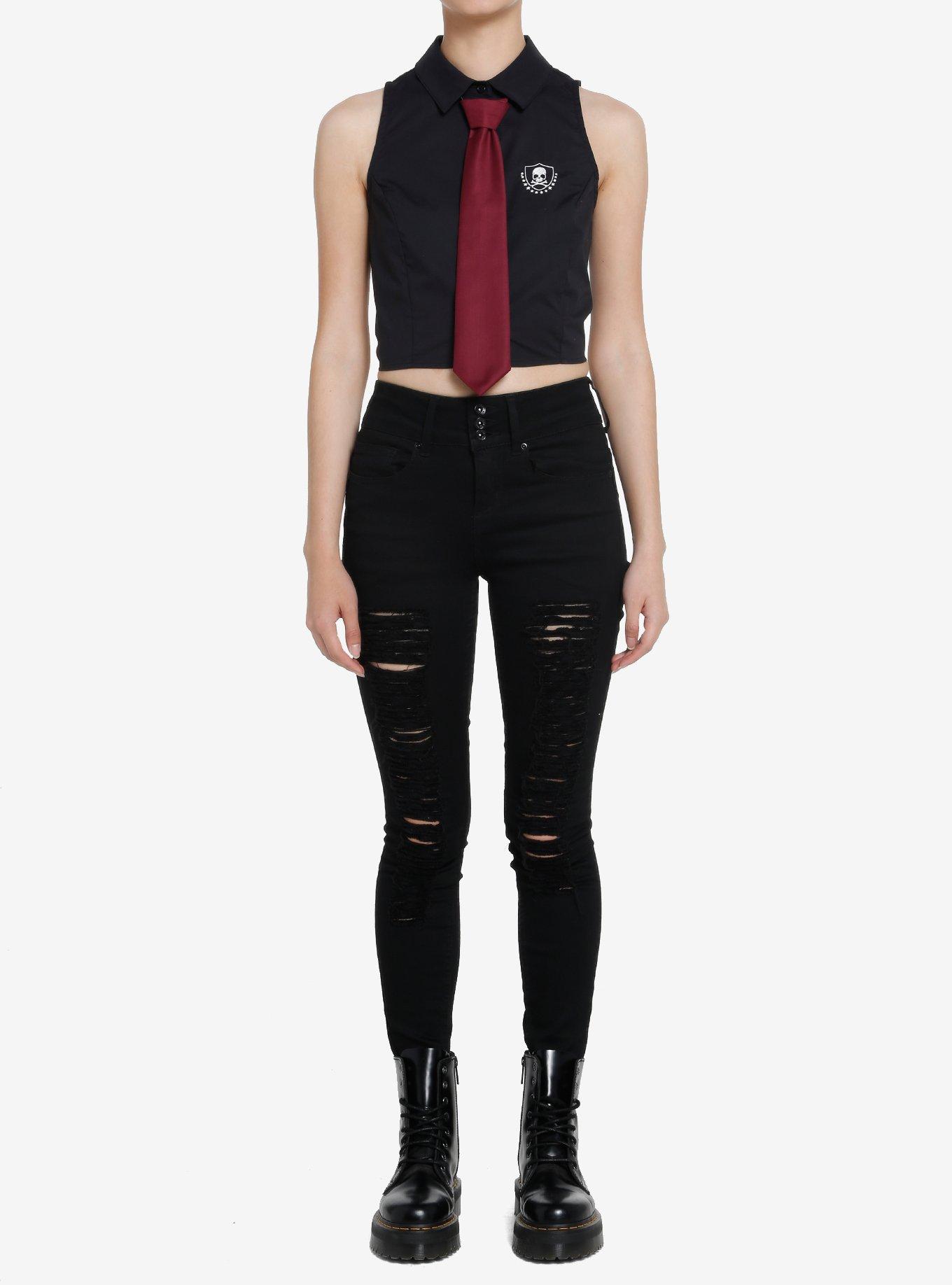 Social Collision Burgundy Tie Girls Button-Up Tank Top, BLACK, alternate