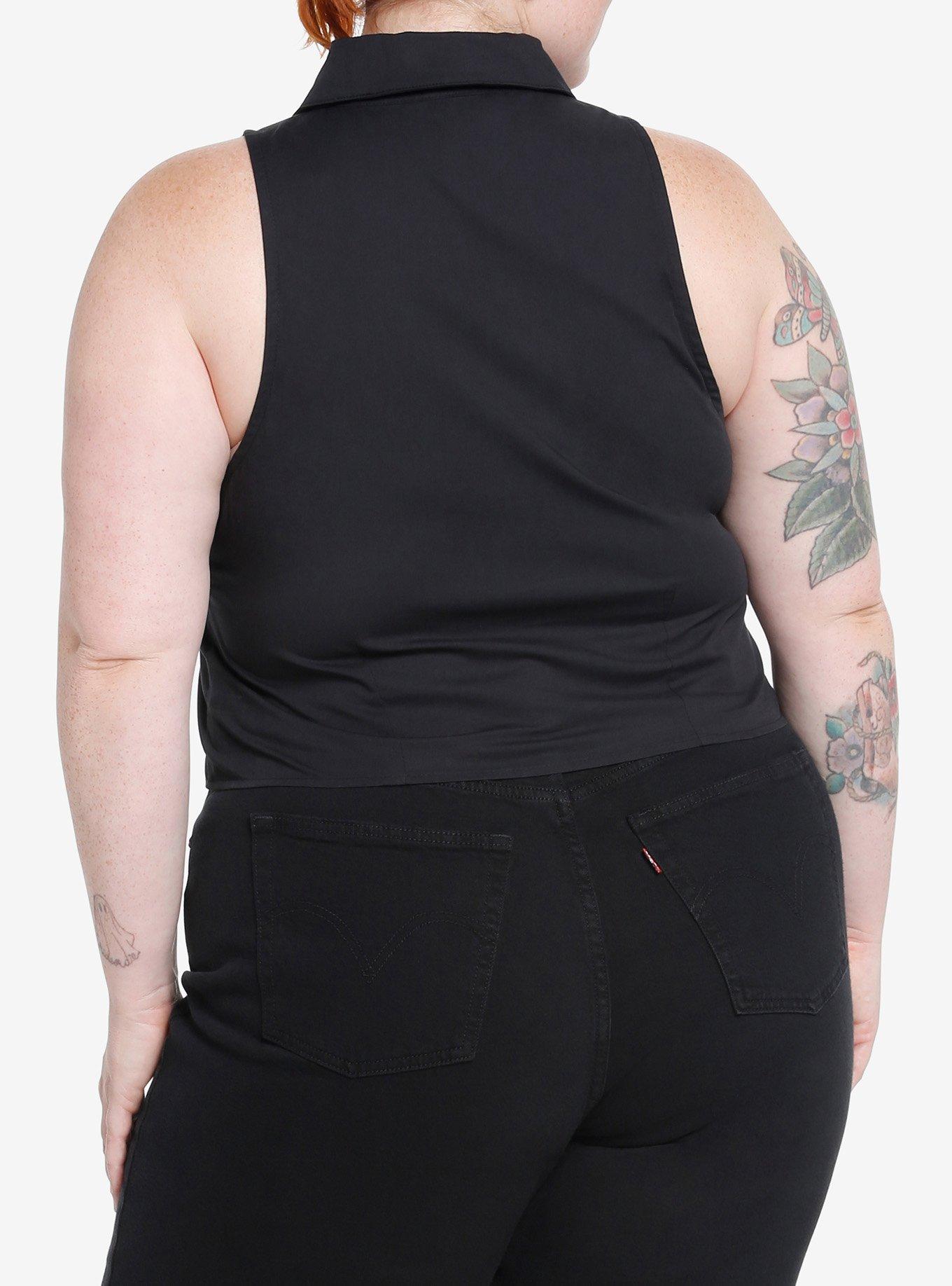Social Collision Burgundy Tie Girls Button-Up Tank Top Plus Size, BLACK, alternate