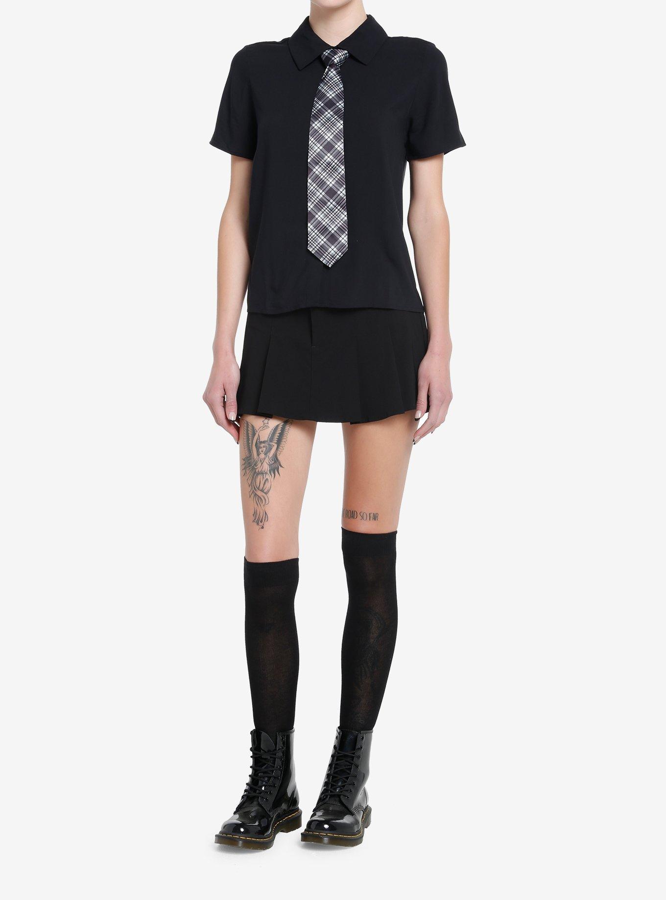 Social Collision Black Plaid Tie Girls Woven Button-Up, BLACK, alternate