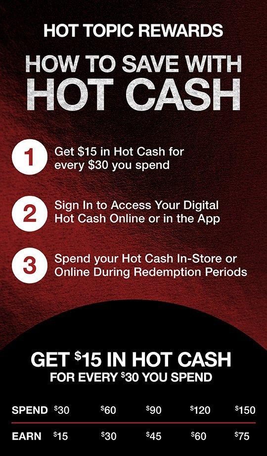 Get $15 or every $30 your spend. Sign in to use your digital Hot Cash