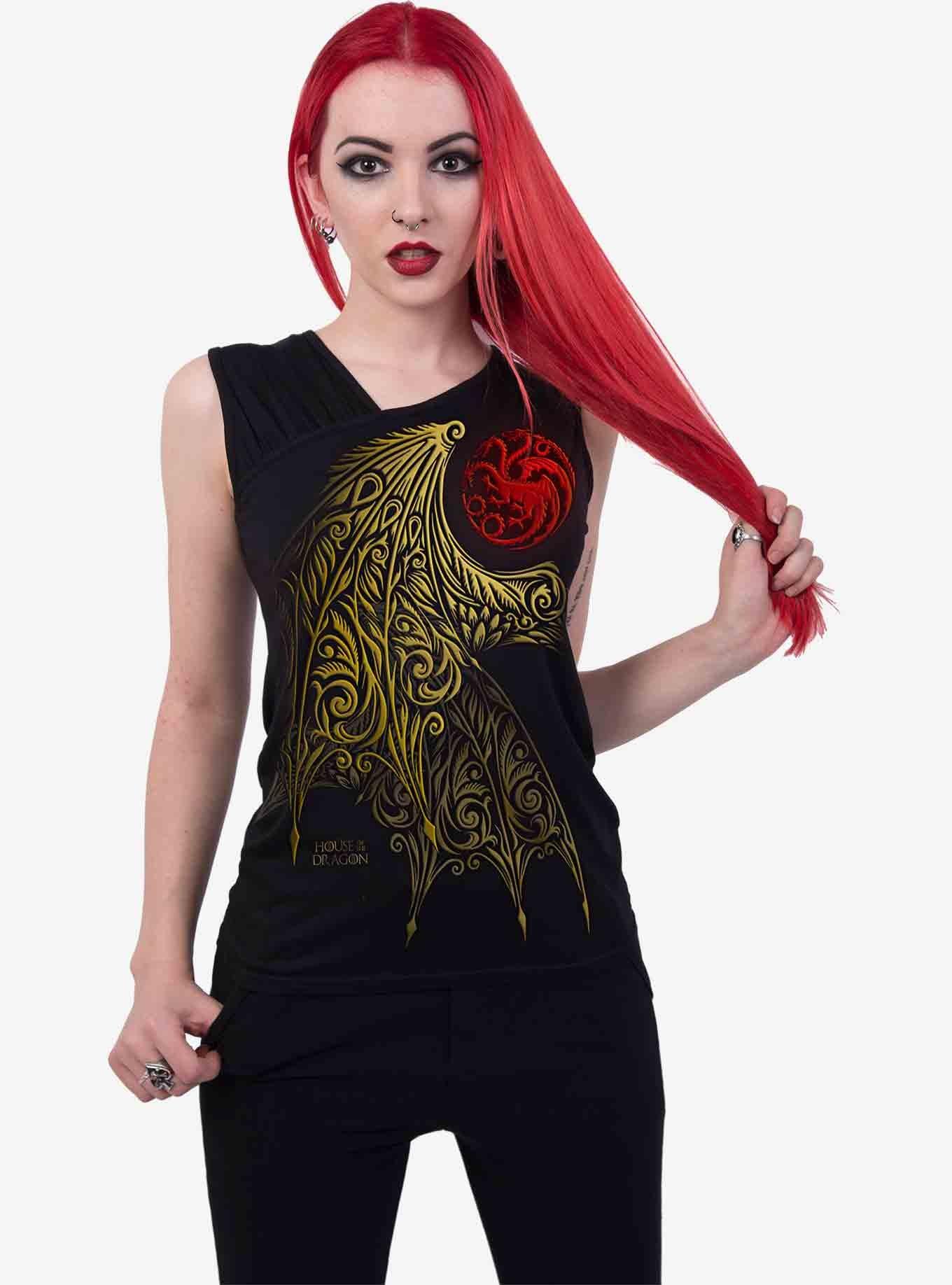 House Of The Dragon Wing Logo Gathered Shoulder Slant Top, BLACK, alternate