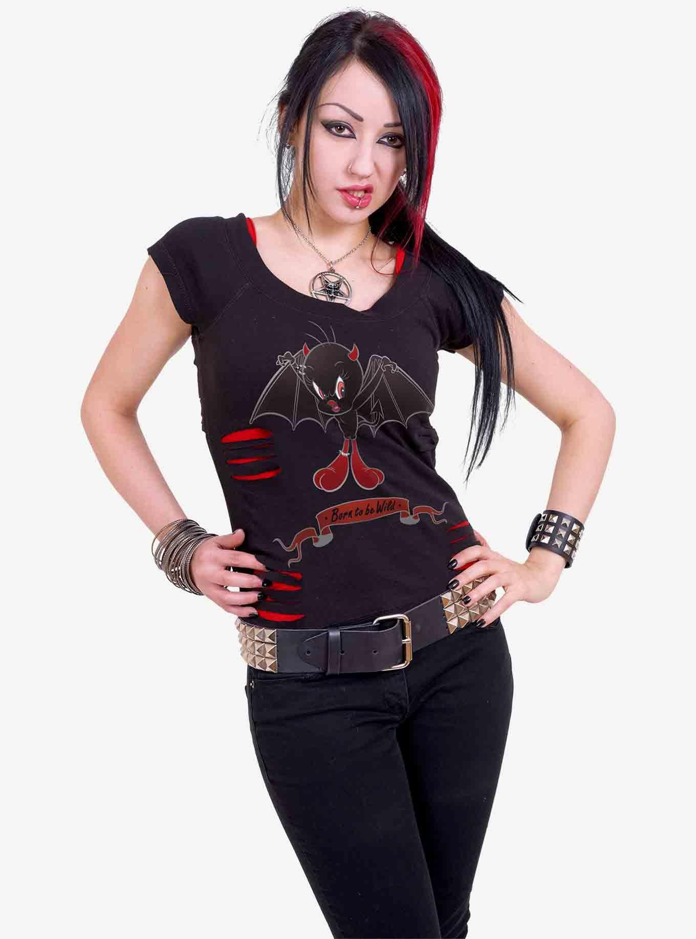 Looney Tunes Tweety Born To Be Wild Ripped Top, BLACK, alternate
