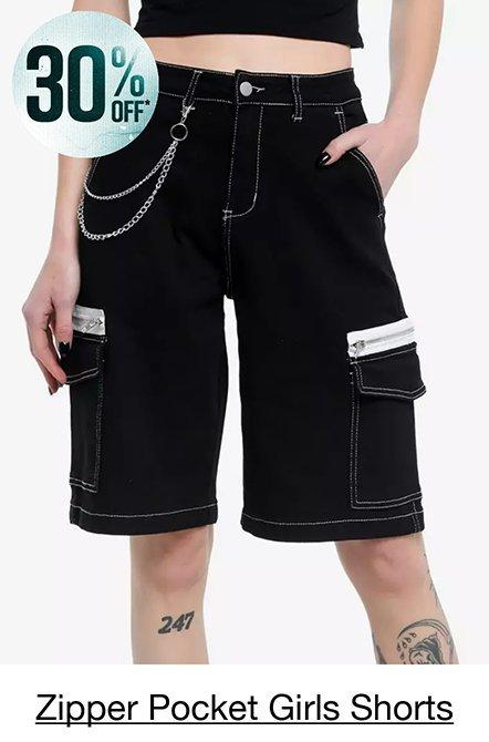 Black Contrast Zipper Pocket Girls Long Shorts