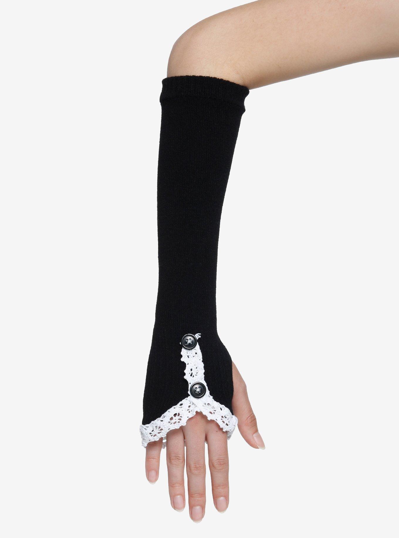 Black Knit White Lace Arm Warmers, , alternate