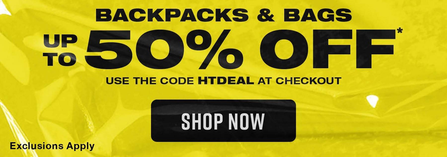 Promo banner: “Backpacks & Bags up to 50% off.” Code “HTDEAL” and “Shop Now” button. Shop Now.