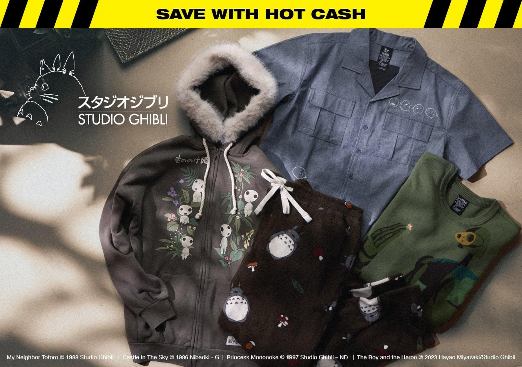Studio Ghibli apparel set with hoodie, button-up shirt, sweater, and Totoro print joggers.