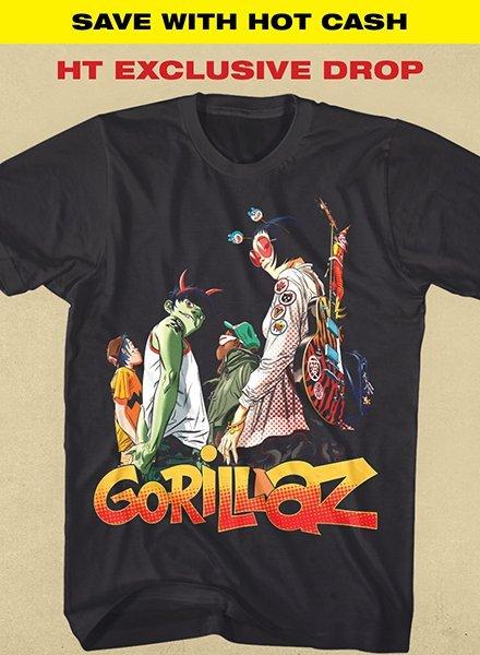 Gorillaz graphic T-shirt with illustrated characters and “SAVE WITH HOT CASH” text. Shop Now.