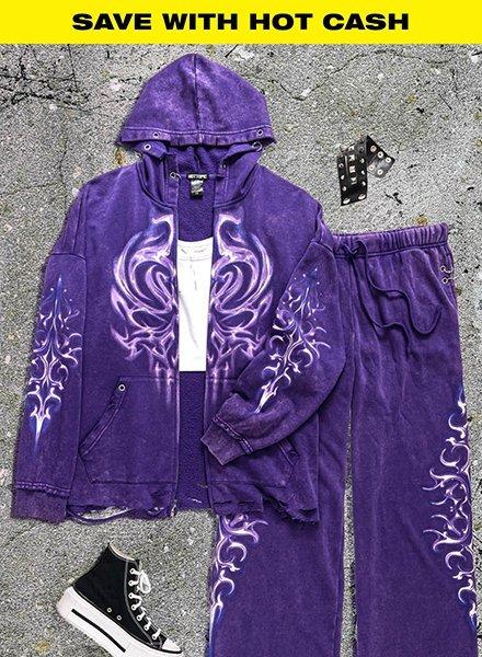 Purple hoodie and sweatpants set with white flame graphics and “SAVE WITH HOT CASH” text.