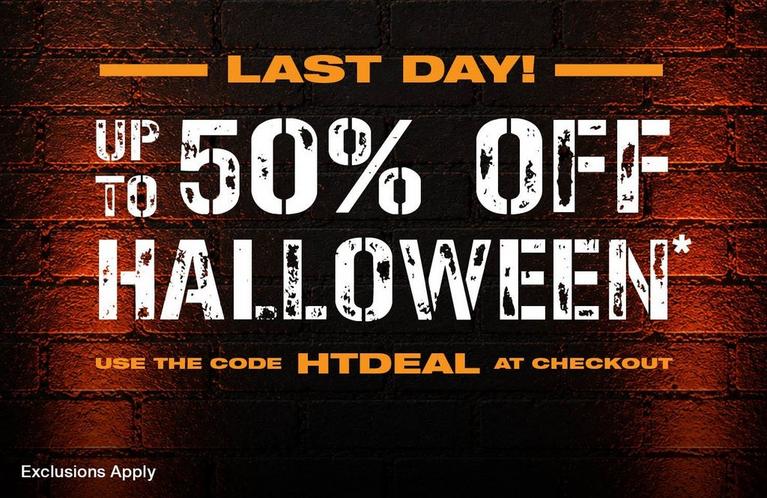 Promotional graphic reading “Last day! Up to 50% off Halloween*” and “Use the code HTDEAL at checkout.”