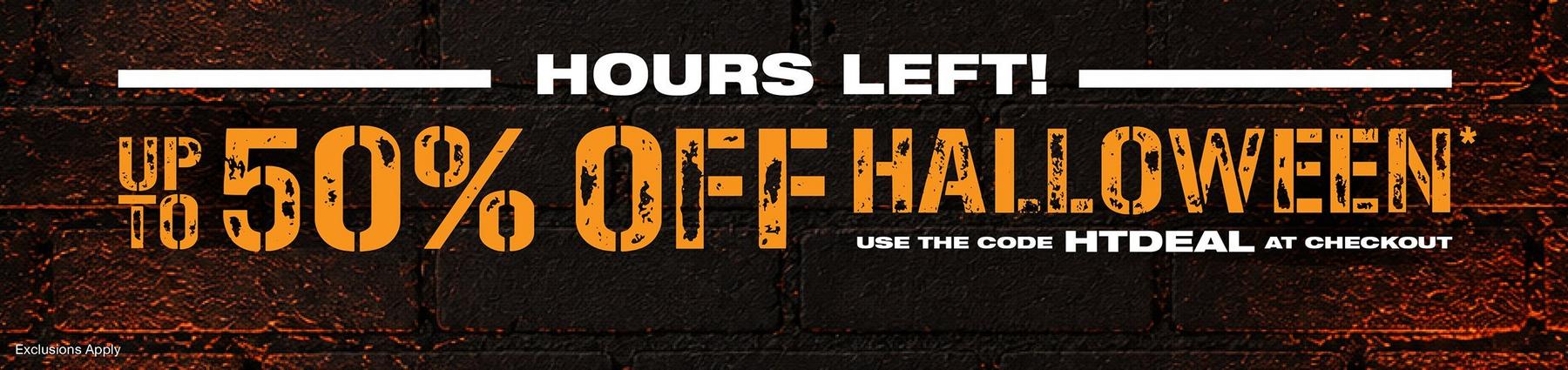 Halloween sale banner reads “Hours Left! Up to 50% off Halloween. Use the code HTDEAL at checkout.”