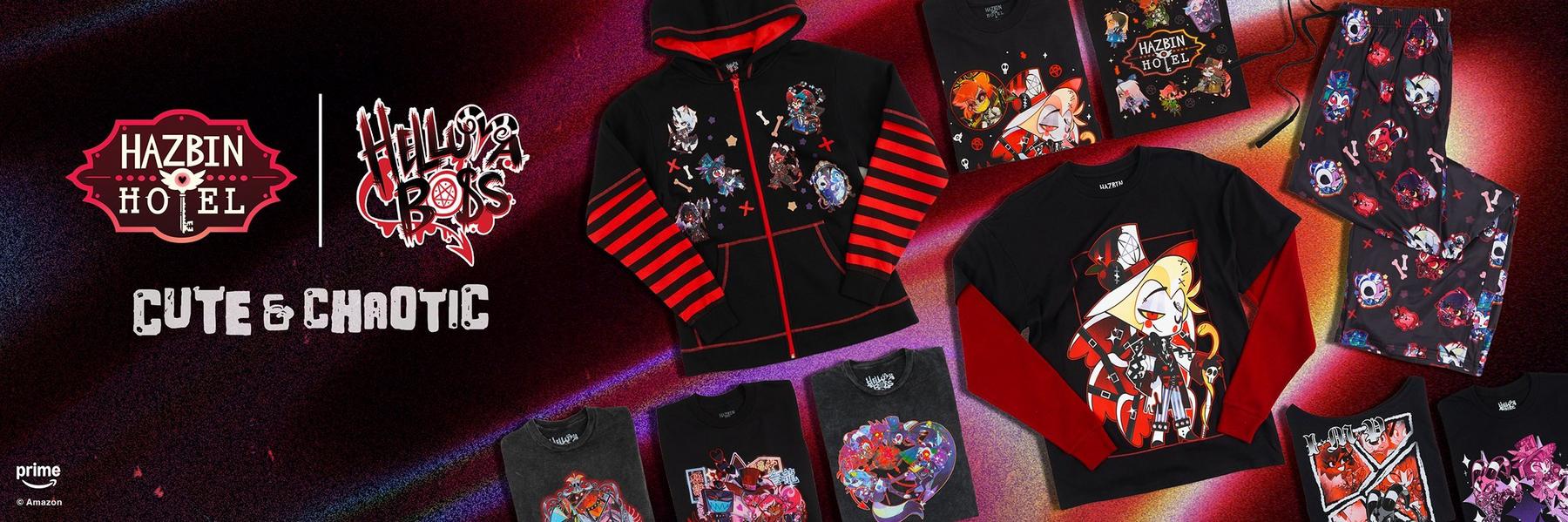 Hazbin Hotel and Helluva Boss apparel collection with hoodies, tees, and printed pajama pants.