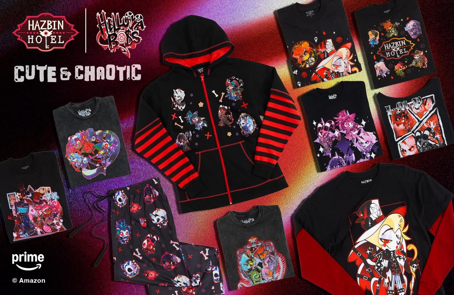 Hazbin Hotel and Helluva Boss apparel set with hoodie, tees, and joggers featuring character art. Shop Now.