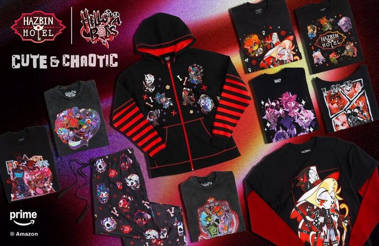 Hazbin Hotel and Helluva Boss apparel collection with character hoodie, tees, and jogger pants.