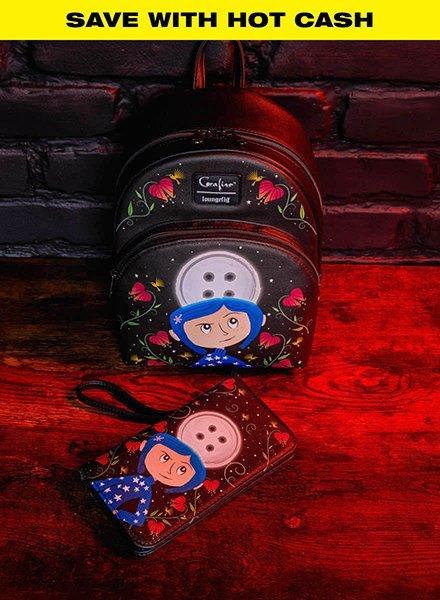 Coraline Loungefly mini backpack and wristlet with cartoon character and button design. Shop Now.