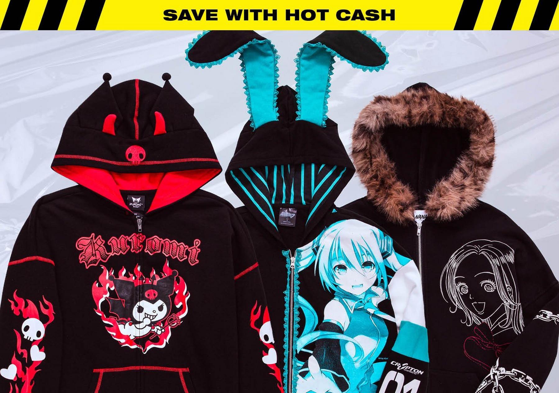 Three graphic hoodies with horn, bunny-ear, and faux-fur hoods under “SAVE WITH HOT CASH” text. Shop Now.