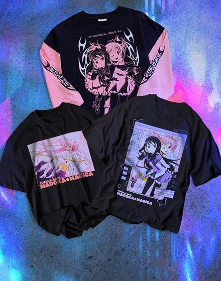Three black anime graphic tops, including a long-sleeve sweatshirt and two T-shirts. Shop Now.