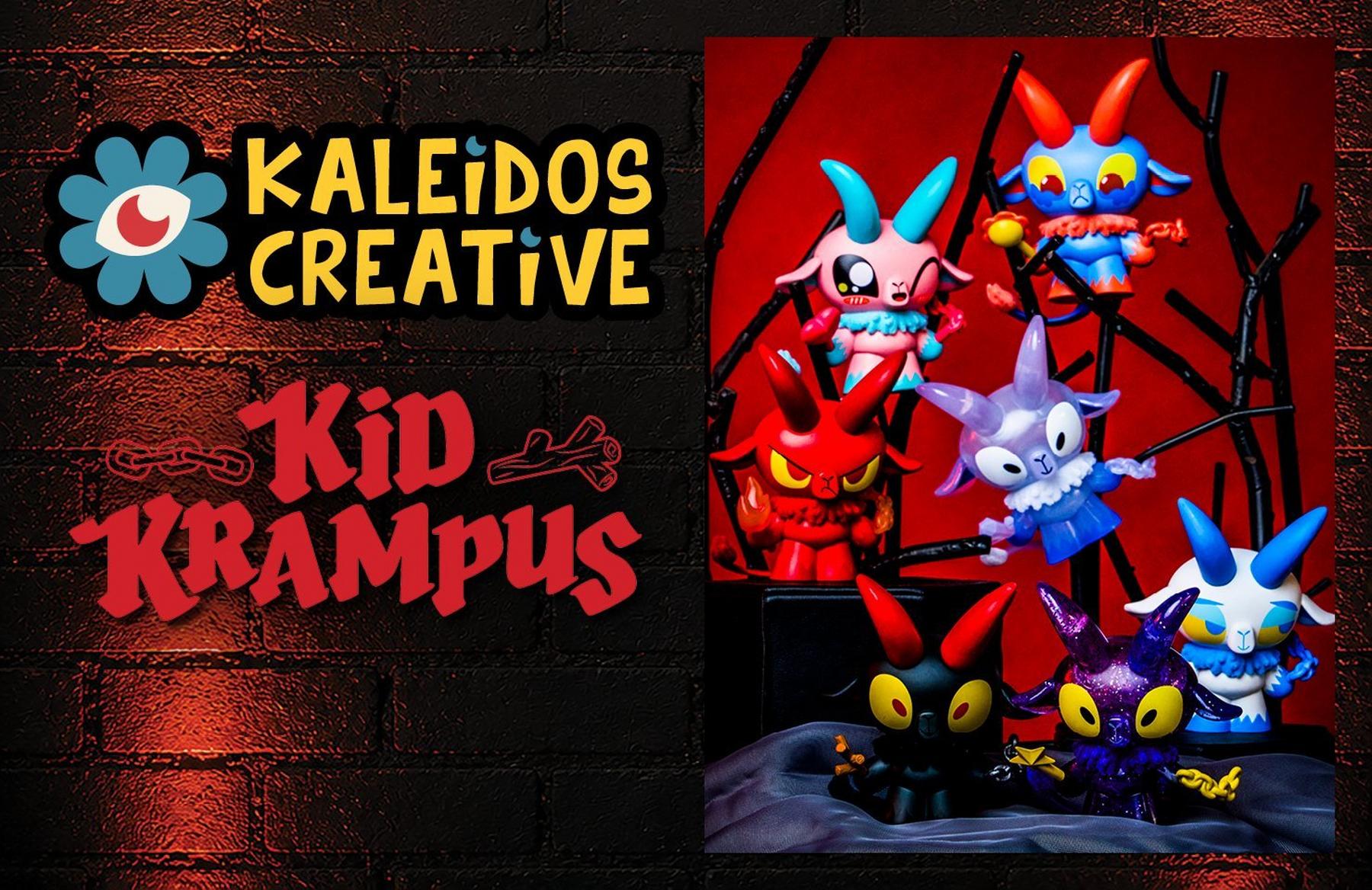 Kaleidos Creative Kid Krampus graphic with colorful horned toy figures. Shop Now.