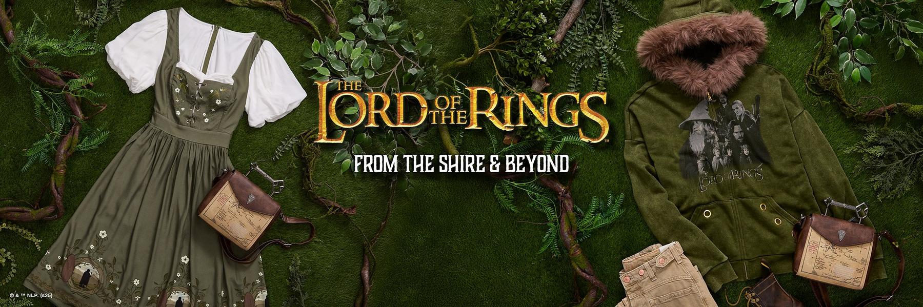 Lord of the Rings apparel layout with green dress, green hoodie, and two map-print crossbody bags. Shop Now.
