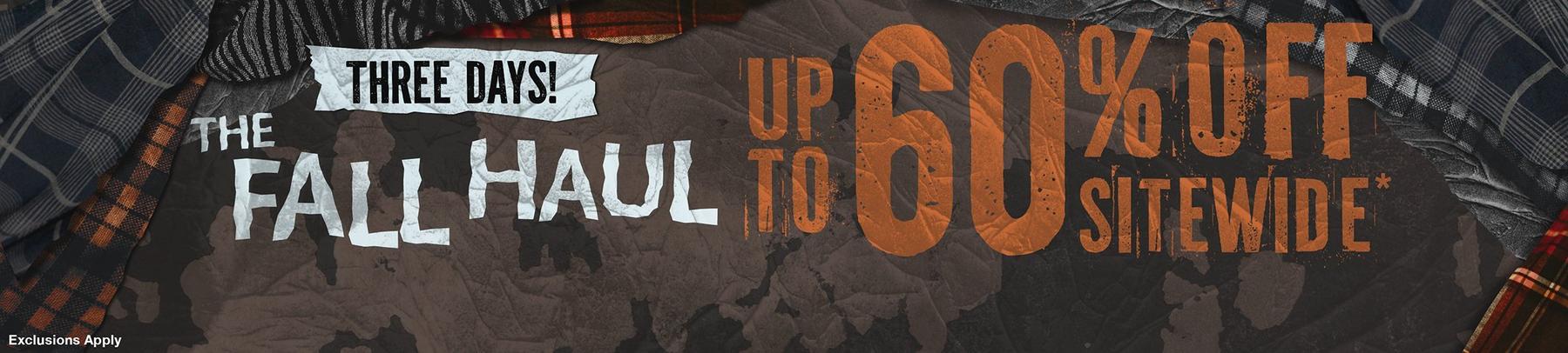 Promotional banner reading “The Fall Haul” and “Up to 60% off sitewide,” with plaid fabric. Shop Now.