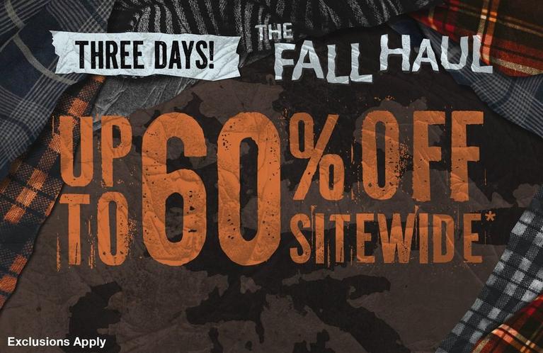 Promotional graphic reading “THREE DAYS! THE FALL HAUL” and “UP TO 60% OFF SITEWIDE*”. Shop Now.