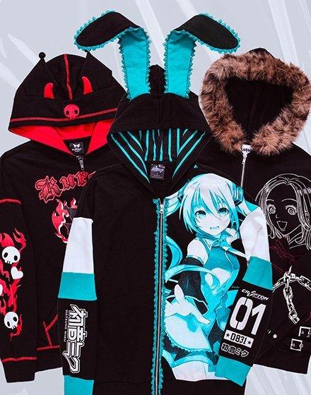 Three anime graphic hoodies with character prints, including bunny ears and a faux fur hood. Shop Now.