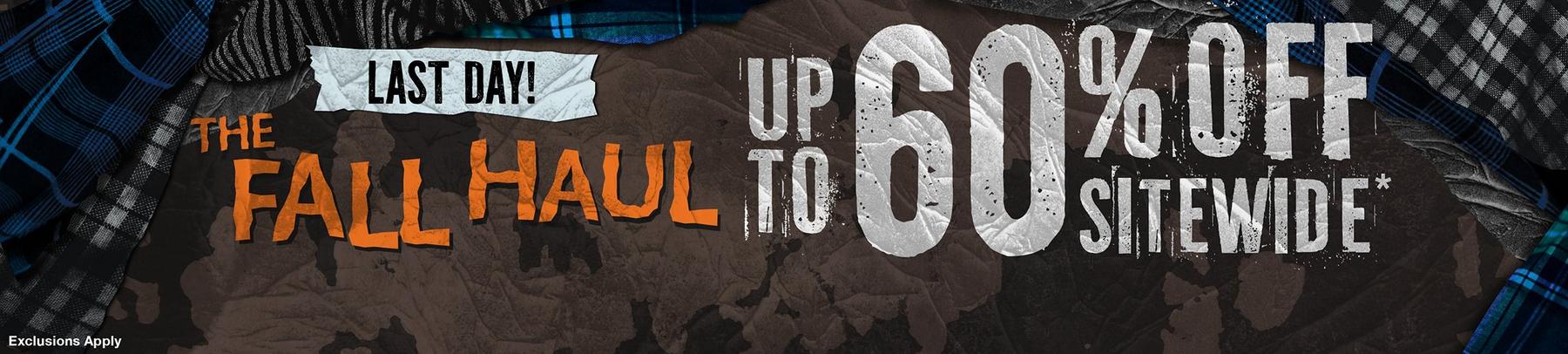 Promotional banner reading “Last Day! The Fall Haul” and “Up to 60% off sitewide*”. Shop Now.