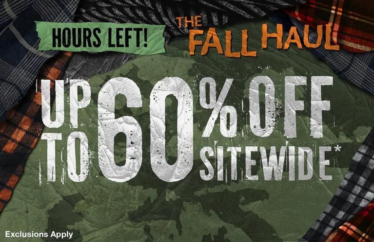 Promotional graphic reading “The Fall Haul” and “Up to 60% off sitewide” with “Hours left!”. Shop Now.