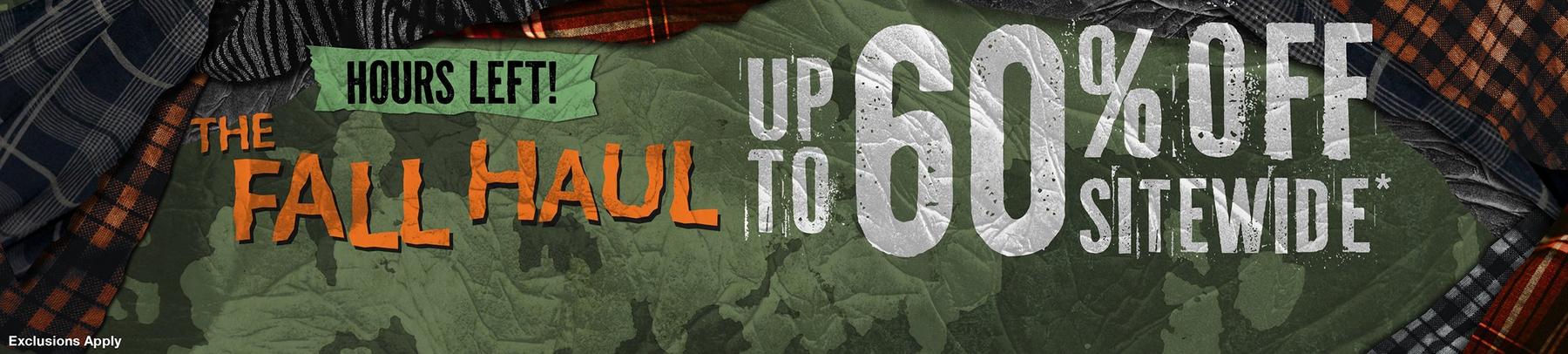 Promotional banner reading “Hours Left! The Fall Haul” and “Up to 60% off sitewide*”. Shop Now.