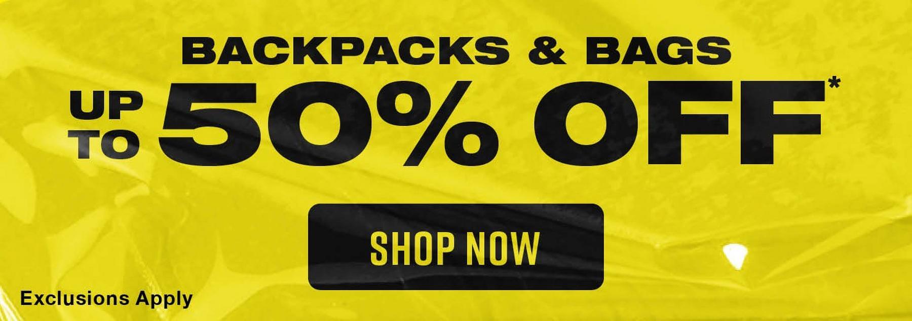 Backpacks and bags sale banner with “Up to 50% off.  Shop Now.