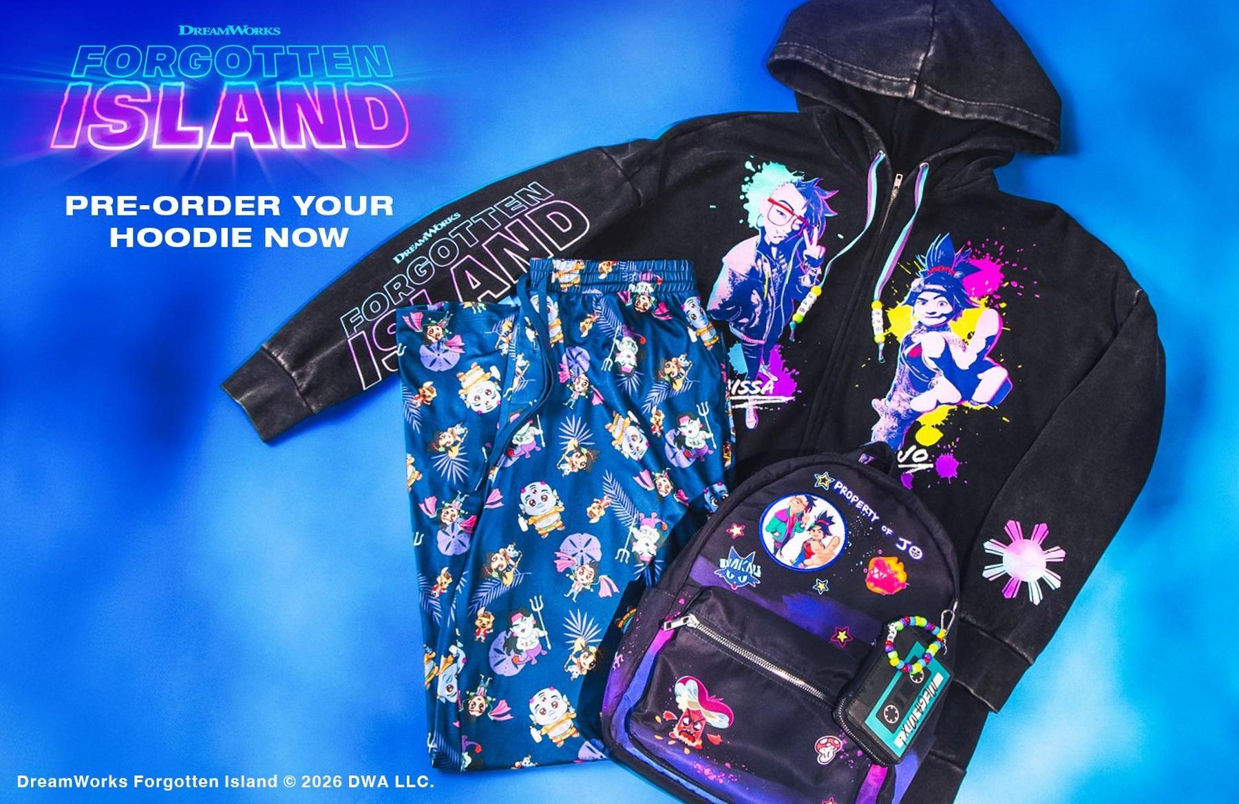 DreamWorks Forgotten Island hoodie, printed pants, and backpack with character graphics and patches. Shop Now.