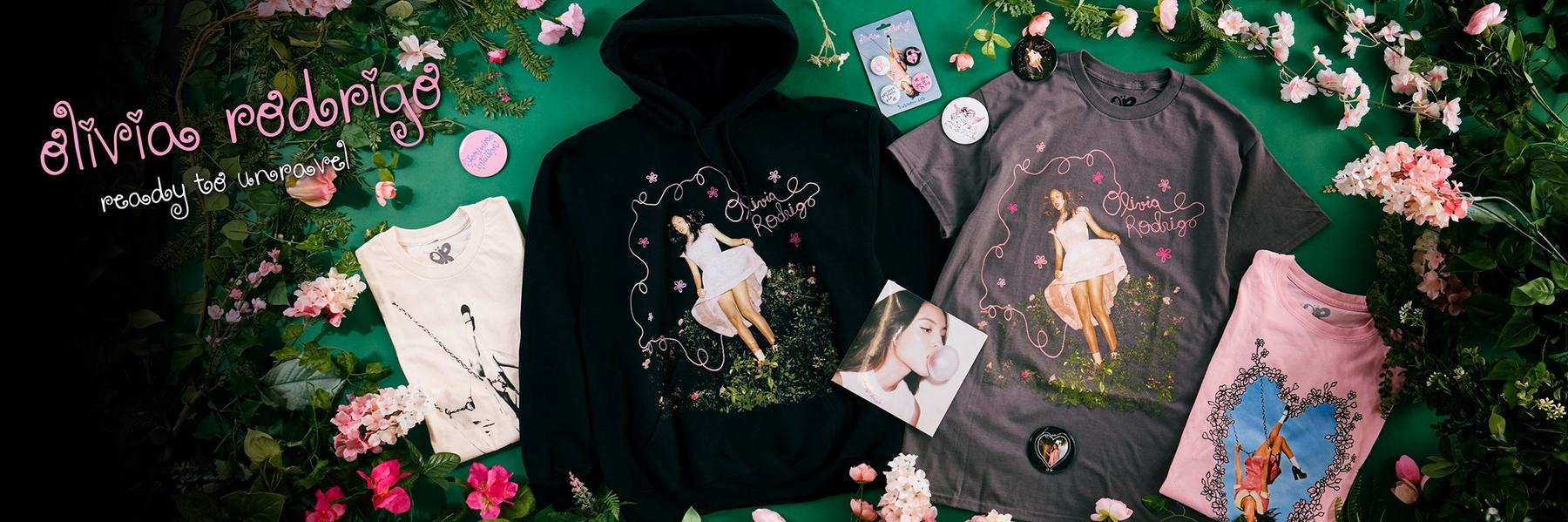 Olivia Rodrigo hoodie and T-shirts with graphic prints, plus pins, photo card, and flowers. Shop Now.