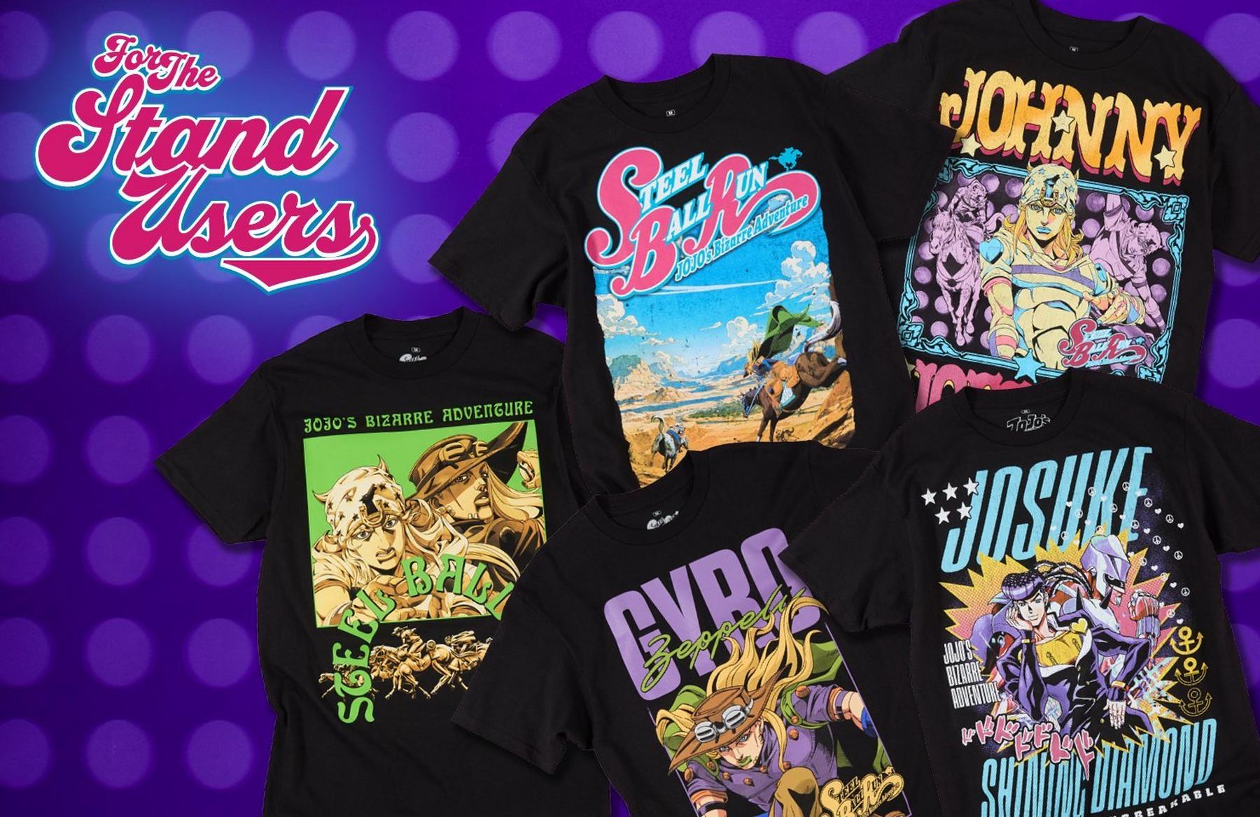 Five JoJo’s Bizarre Adventure graphic T-shirts with “For The Stand Users” text. Shop Now.