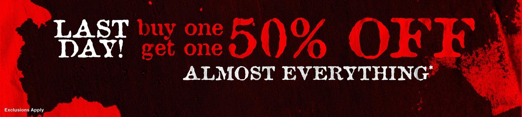 Sale banner text: "LAST DAY! buy one get one 50% OFF ALMOST EVERYTHING*". Shop Now.
