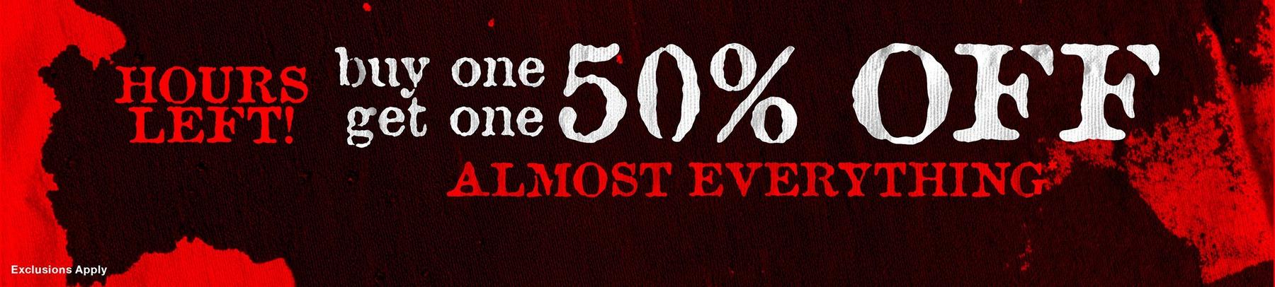 Promo banner text: “HOURS LEFT! buy one get one 50% OFF ALMOST EVERYTHING*”. Shop Now.