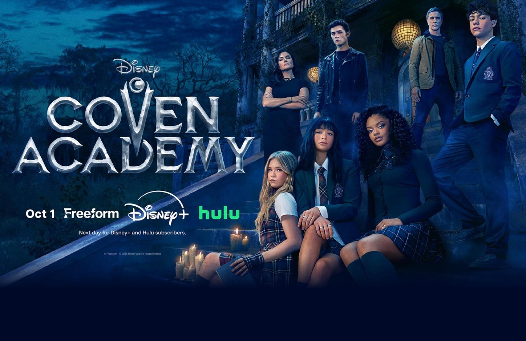 Disney Coven Academy promotional poster with cast in school uniforms on steps, Disney+ and Hulu logos. Shop Now.