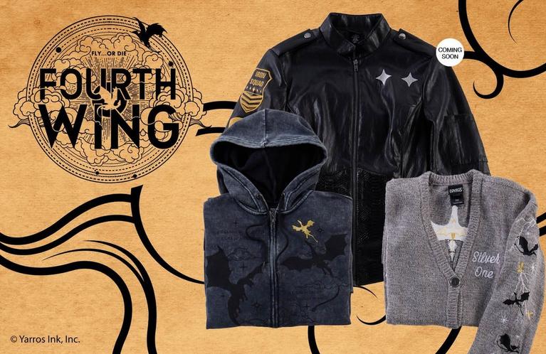 Fourth Wing apparel promo featuring a gray cardigan, hoodie, and black jacket with “Coming Soon” text. Shop Now.