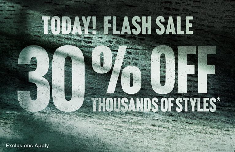 Promotional banner reads “TODAY! FLASH SALE 30% OFF THOUSANDS OF STYLES*” and “Exclusions Apply”. Shop Now.