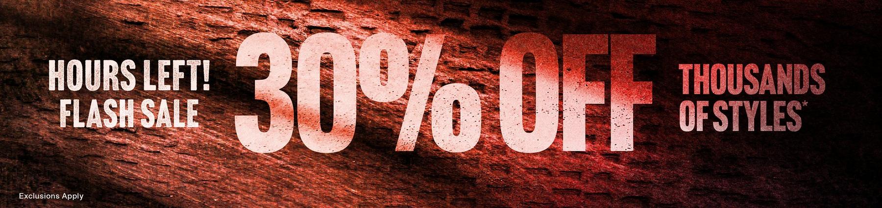 Flash sale banner reading "Hours Left! 30% Off Thousands of Styles*". Shop Now.