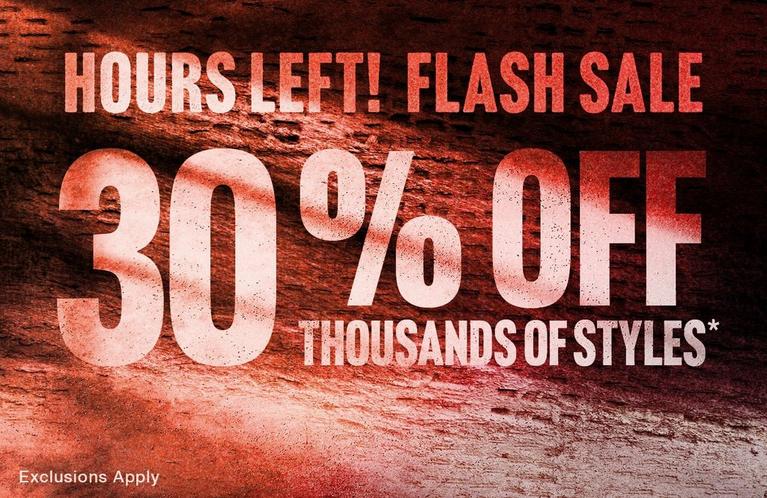 Promotional graphic reads “Hours Left! Flash Sale 30% Off Thousands of Styles*”. Shop Now.