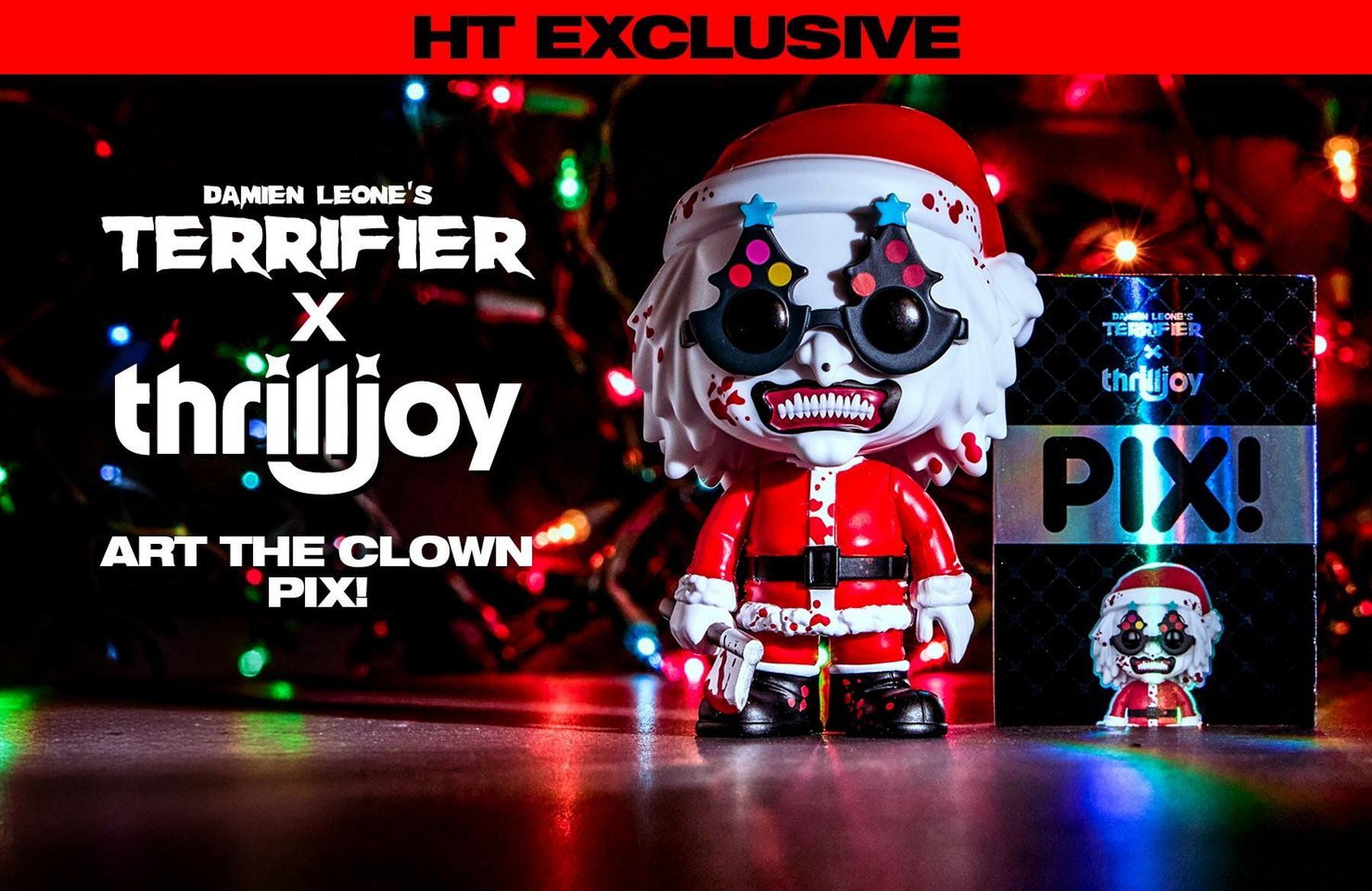 Thrilljoy Terrifier Art the Clown PIX! figure in Santa suit with box. Shop Now.